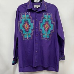 Vtg top large purple western Button Up Hand Painted Wayne Scott long sleeve